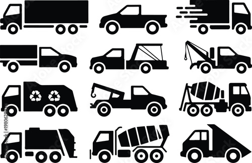 Slika na platnu Diverse Truck Collection: A detailed illustration showcasing a variety of trucks, each designed for specific functions, highlighting their versatility and essential roles in modern transportation