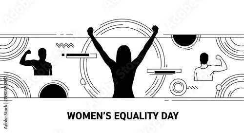 Black and white illustration celebrating Womens Equality Day with empowered figures.