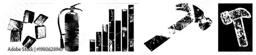 Stylized black and white with distressed texture ice cubes, fire extinguisher, bar graph, hammer, sledgehammer graphic symbols for safety, data, tools, cooling.