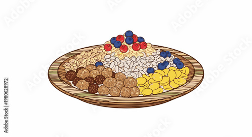 A colorful bowl overflowing with a variety of cereals and fresh fruit
