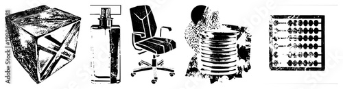 Set of retro office chair, perfume bottle, abacus, marked cube, and coin stack, stylized vector,, halftone texture, office and finance symbols.