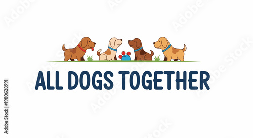 Four friendly cartoon dogs play together in a grassy field