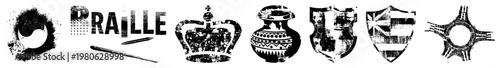 Collection of distressed including braille, crown, urn, shield with flag, and starburst, rendered in gritty with halftone grain and worn edges.