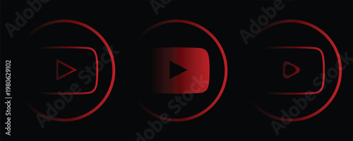 Modern red social media video player icons set with stylish neon glow effect and motion blur on black background.