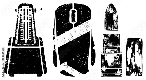 Stylized black and white vector silhouettes of a, computer mouse, bullet, and lipstick gritty, textured,, graphic design elements.