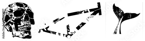 Graphic vector featuring skull with mosaic, fragmented bike frame, and textured whale tail fin isolated design elements for branding or UI.