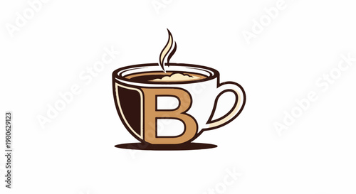 A stylized coffee cup with steam and the letter B