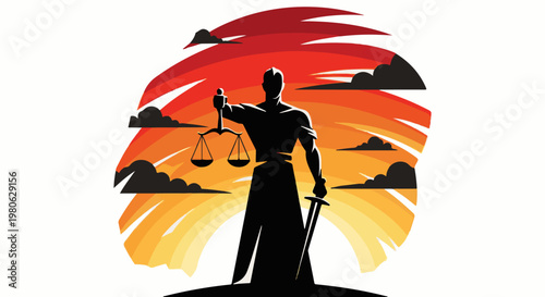 Silhouette of a judge with scales and sword against a sunset sky