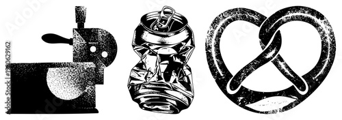 Retro coffee grinder with crank, crushed aluminum soda can, traditional pretzel snack, halftone vector style, isolated food and drink.