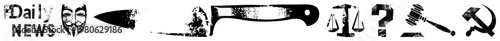 Black and white vector representing press, anonymity, law, uncertainty,, and communism minimalist glyphs with distressed texture, ideal for or protest design.