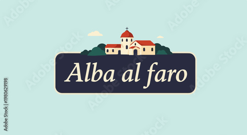Stylized illustration of a coastal town with a cross-topped building and script text