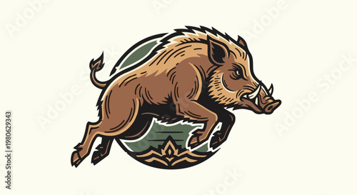 A stylized wild boar in mid-leap, depicted with sharp lines and earthy tones