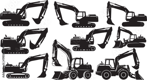 Collection of heavy machinery excavator silhouettes in black color