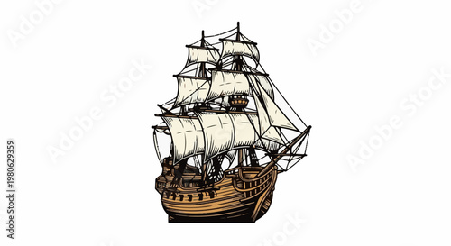 Vintage sailing ship illustration with full sails, detailed wooden hull
