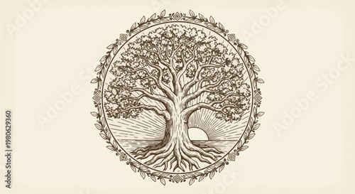 Ornate circular emblem with a large, detailed tree and rising sun at its base