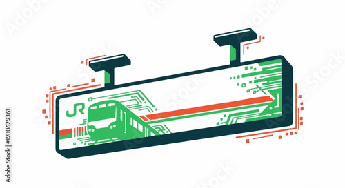 A rear-view mirror reflecting a futuristic train and circuitry