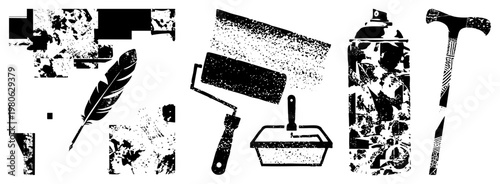 Set of stylized tools and symbols with gritty texture, including feather quill, paint roller, spray can, and hammer, ideal for urban art or craft design.