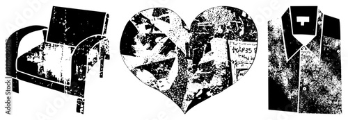 Grunge style heart filled with fragmented text, flanked by armchair and dress shirt, vector art, urban street aesthetic, distressed texture, retro collage.