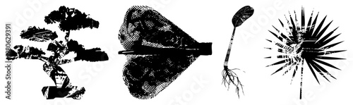 Stylized plant forms rendered in halftone texture, including bonsai, leaf, root, and spiky foliage, vector graphic, black and white, isolated design elements.