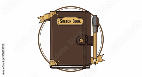 Brown sketch book with a pen and ribbon banner design