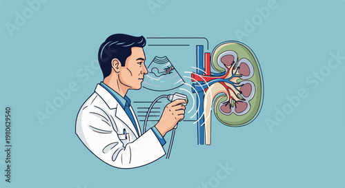 Doctor performs ultrasound examination on a cross-section of a human kidney