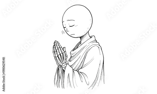 Praying monk with skeletal hands line art illustration