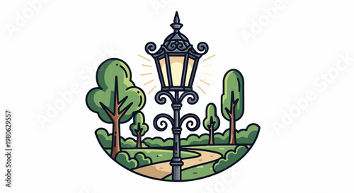 A vintage lamppost illuminates a winding path through a park with trees