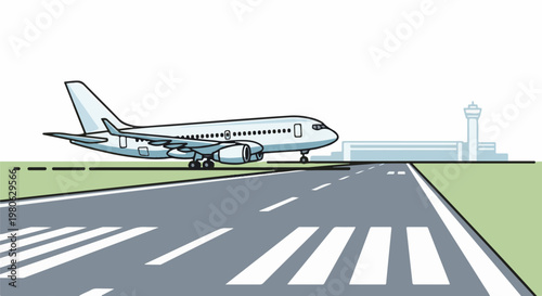 A stylized jetliner taxis down a runway towards a modern airport terminal
