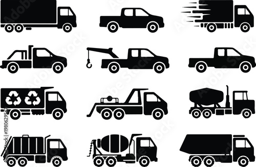 Silhouette Symphony of Service: A collection of various truck silhouettes, showcasing diverse designs and functions of commercial vehicles, embodying the essence of logistics, transport, and industry.