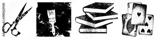 Four objects scissors for cutting, paintbrush for art, stacked books for knowledge, and playing cards for games all rendered in halftone vector style with gritty texture.