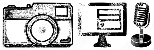 Classic film camera, desktop monitor, vintage microphone, retro tech, black and white halftone style, digital tools, recording equipment.