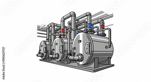 Industrial illustration of three large silver cylindrical tanks with extensive piping