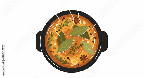 A top-down view of a steaming pot of flavorful soup with herbs and spices