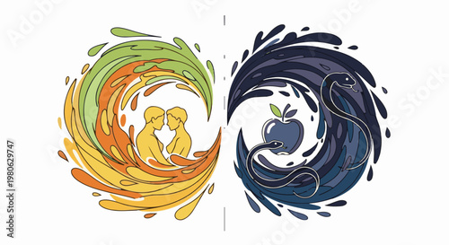 Two distinct halves, one of light and life, other dark with temptation