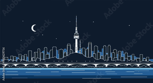 Minimalist city skyline at night with a moon and a river