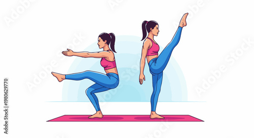 Woman performing two yoga poses demonstrating balance and flexibility