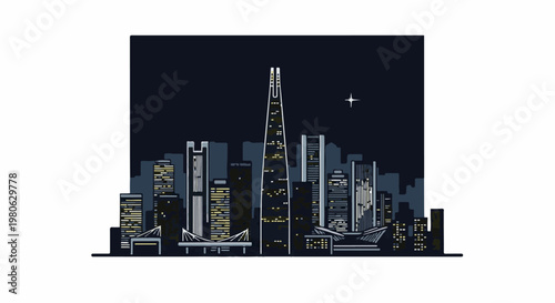 Stylized night skyline with a tall, slender skyscraper and illuminated windows