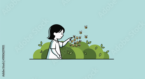 A child reaches out towards a swarm of bees buzzing around green bushes