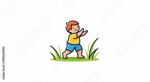 Cartoon child with red hair in yellow shirt and blue shorts running on grass
