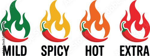Spicy Hotness Chart: A vibrant illustration showcasing the intensity levels of chili pepper flavors, from mild to extra hot, visually represented by colorful flames.