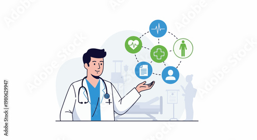 Doctor presenting a connected network of healthcare icons, symbolizing medical services