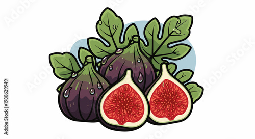 A cluster of ripe, purple figs, one cut open showing vibrant red pulp