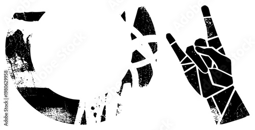 Black and white vector graphic of a hand making the rock sign, fragmented circular shapes, distressed texture, punk rock, isolated silhouette.