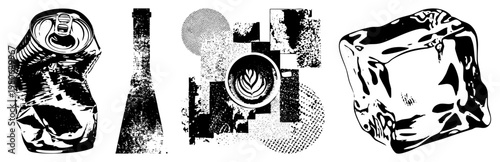 Black/white halftone vector crushed can, wine bottle, leaf latte cup, textured ice for beverage branding or.