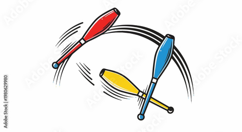 Three colorful juggling clubs, red, blue, and yellow, spin in a curve