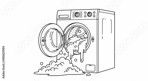 A line drawing of a front-loading washing machine overflowing with suds