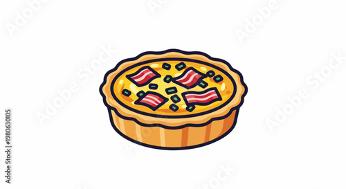 Cartoon quiche with bacon and scallions on a white background