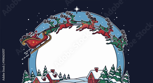 Santa's sleigh pulled by reindeer flies over snowy village at night