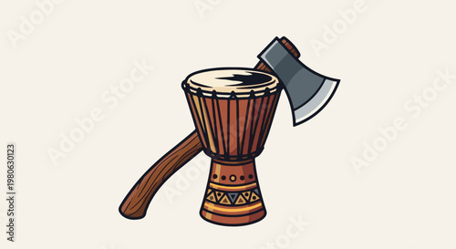 Percussion instrument with a tribal design next to an axe
