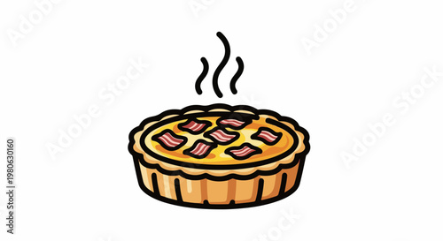 A hot, savory pie with a golden crust and bacon toppings, emitting steam